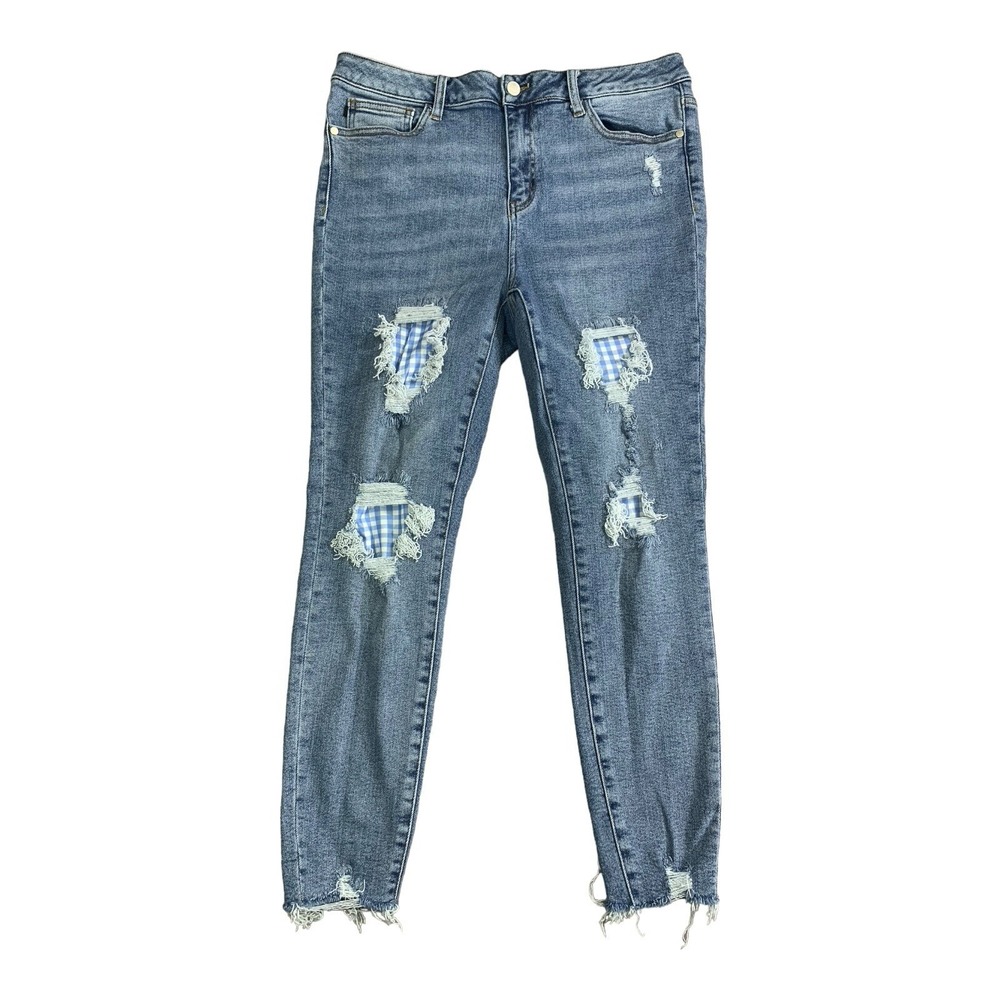 Judy Blue Jeans Womens 13 (34x26.5) High Rise Skinny Distressed Gingham Denim